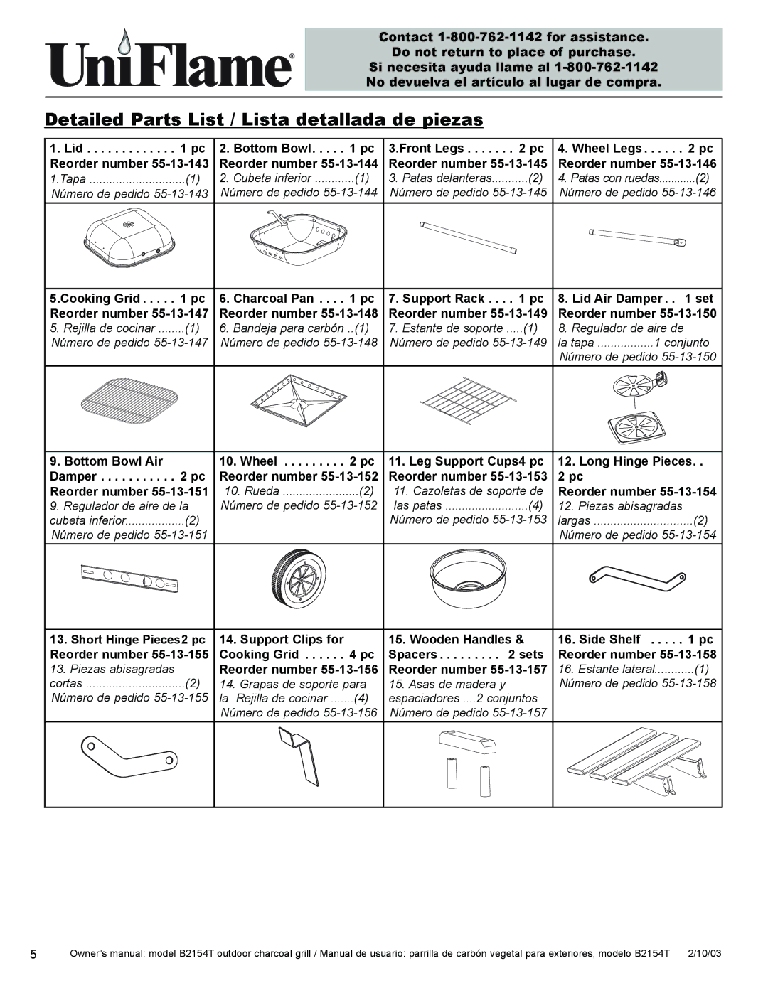 Blue Rhino B2154T owner manual Detailed Parts List / Lista detallada de piezas, Número de pedido 