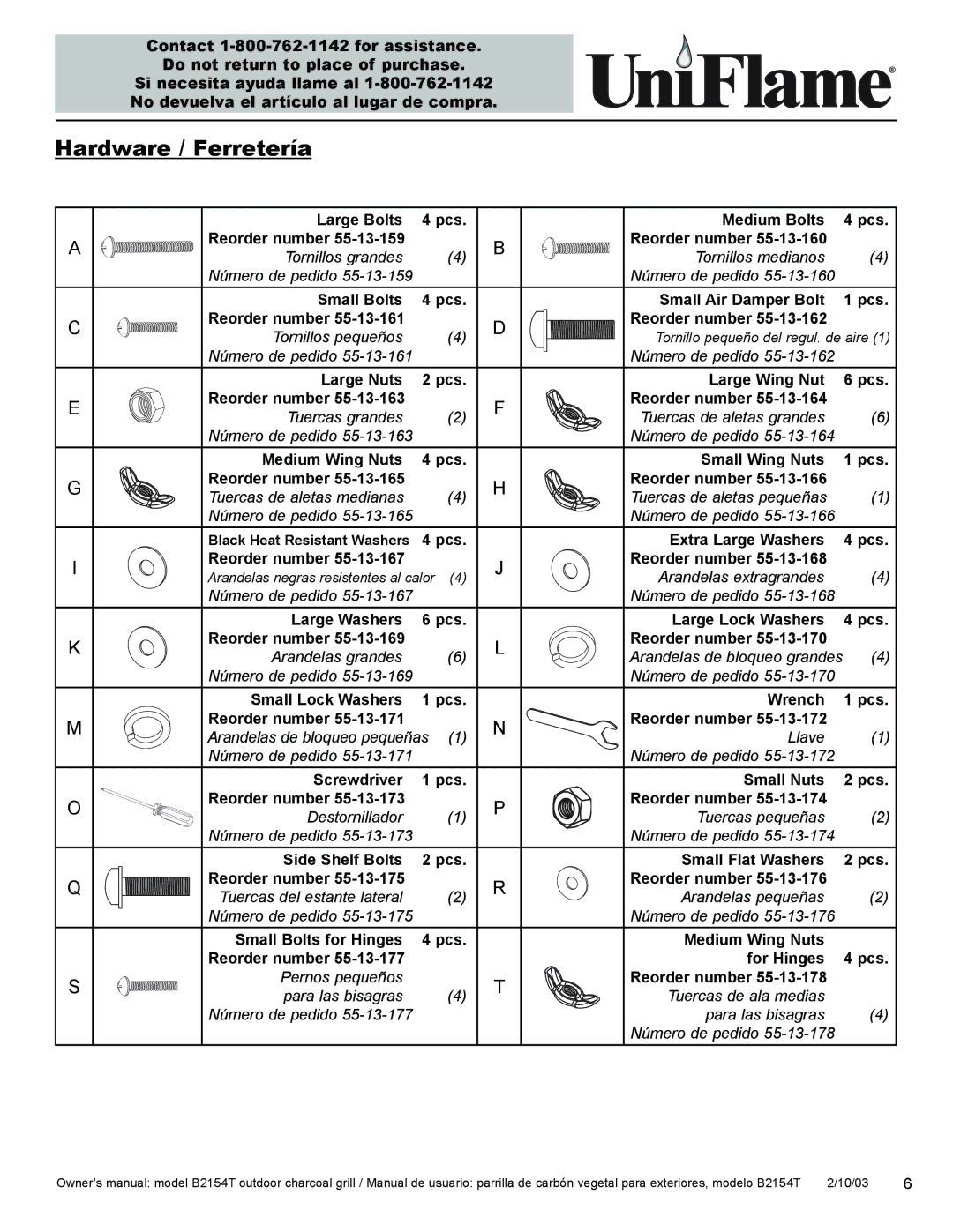 Blue Rhino B2154T owner manual Hardware / Ferretería, Para las bisagras Tuercas de ala medias Número de pedido 