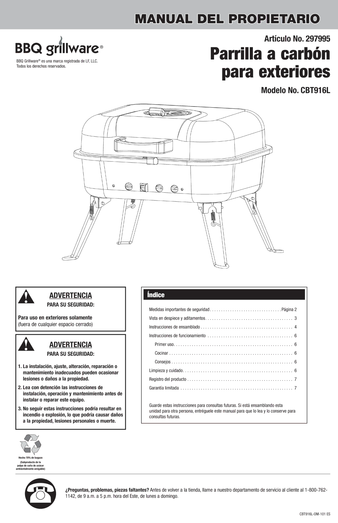 Blue Rhino CBT916L owner manual Parrilla a carbón para exteriores, Índice 