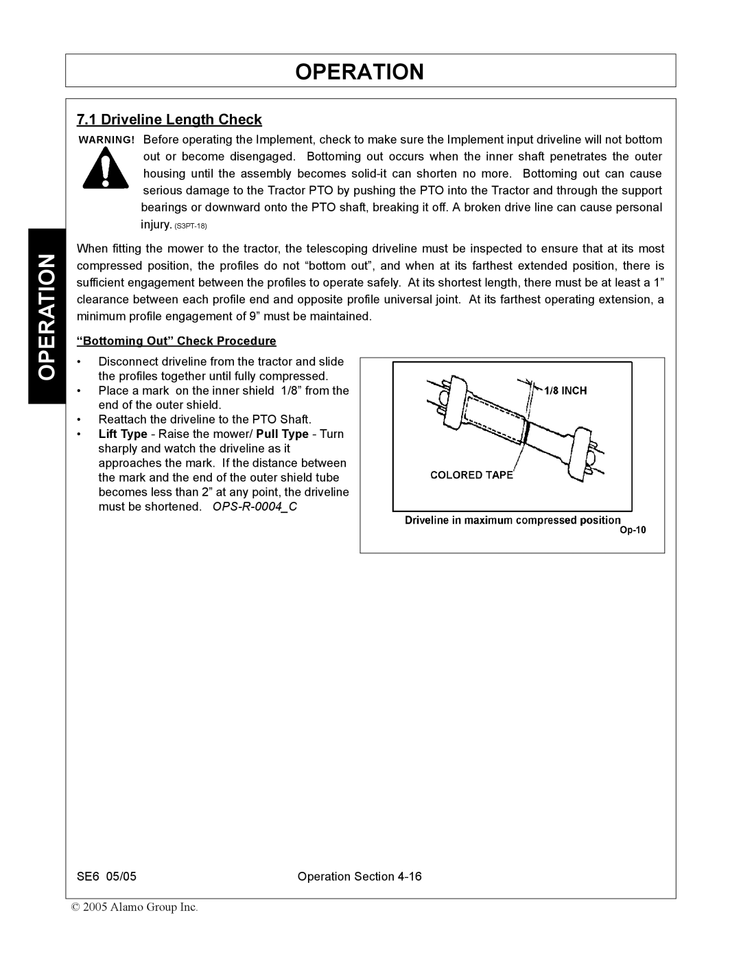 Blue Rhino FC-0007 manual Driveline Length Check, Bottoming Out Check Procedure 