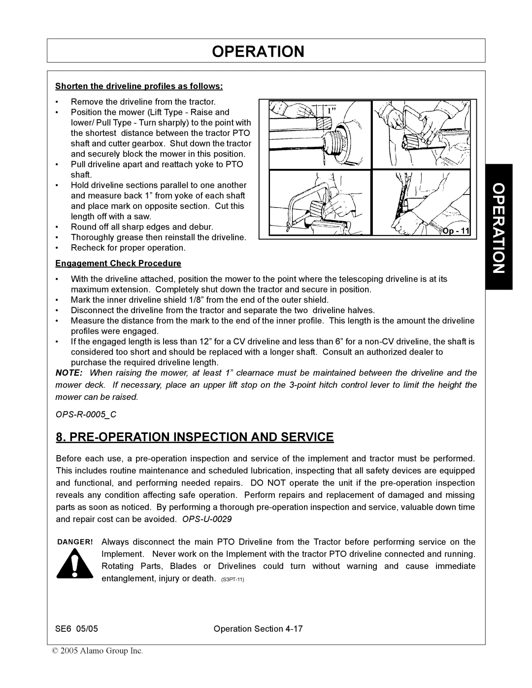 Blue Rhino FC-0007 manual PRE-OPERATION Inspection and Service, Shorten the driveline profiles as follows 