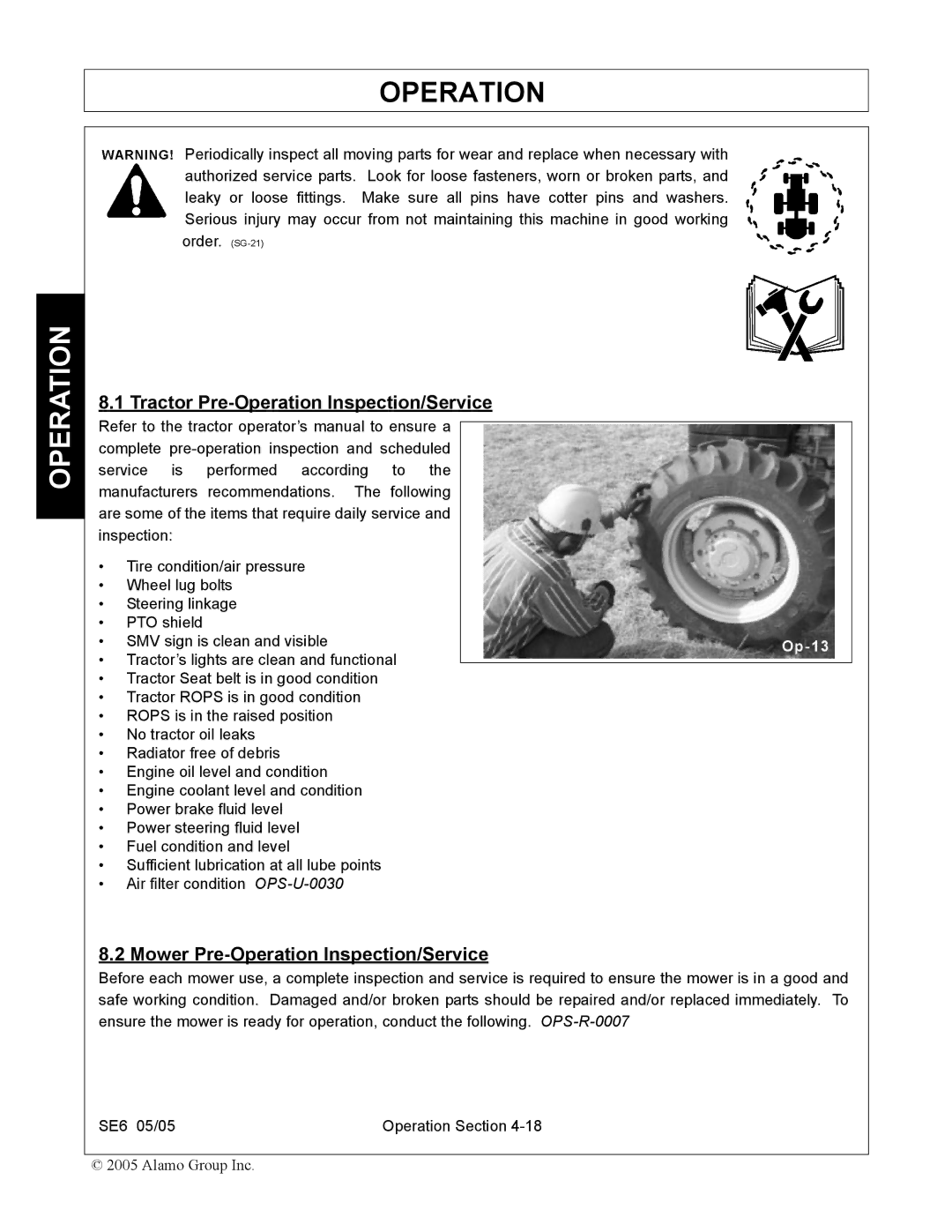 Blue Rhino FC-0007 manual Tractor Pre-Operation Inspection/Service, Mower Pre-Operation Inspection/Service 