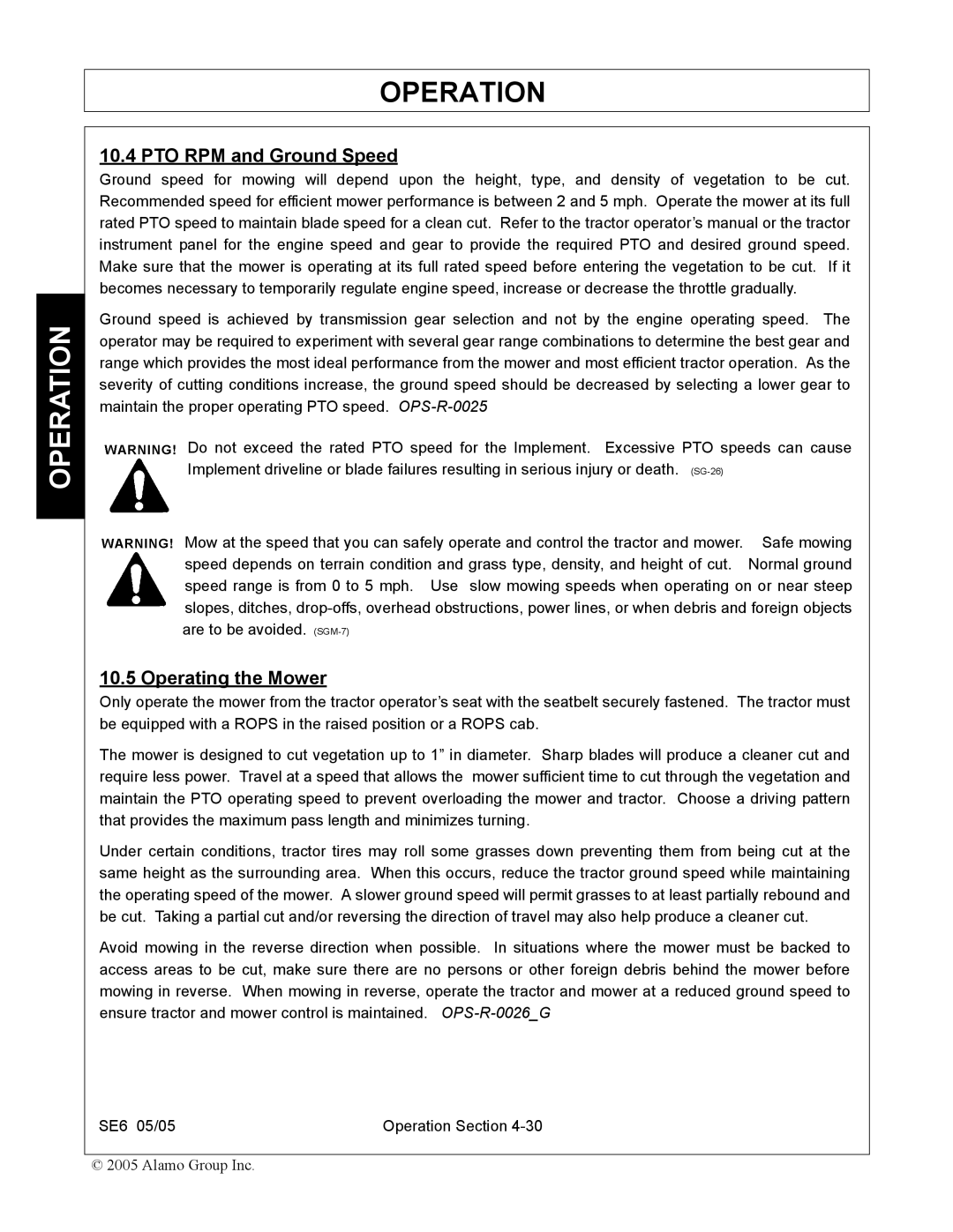 Blue Rhino FC-0007 manual PTO RPM and Ground Speed, Operating the Mower 