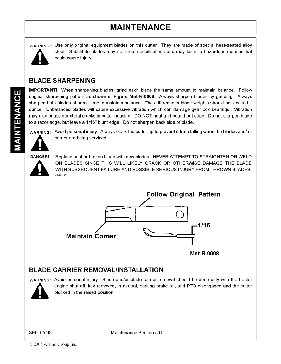 Blue Rhino FC-0007 manual Blade Sharpening, Blade Carrier REMOVAL/INSTALLATION 