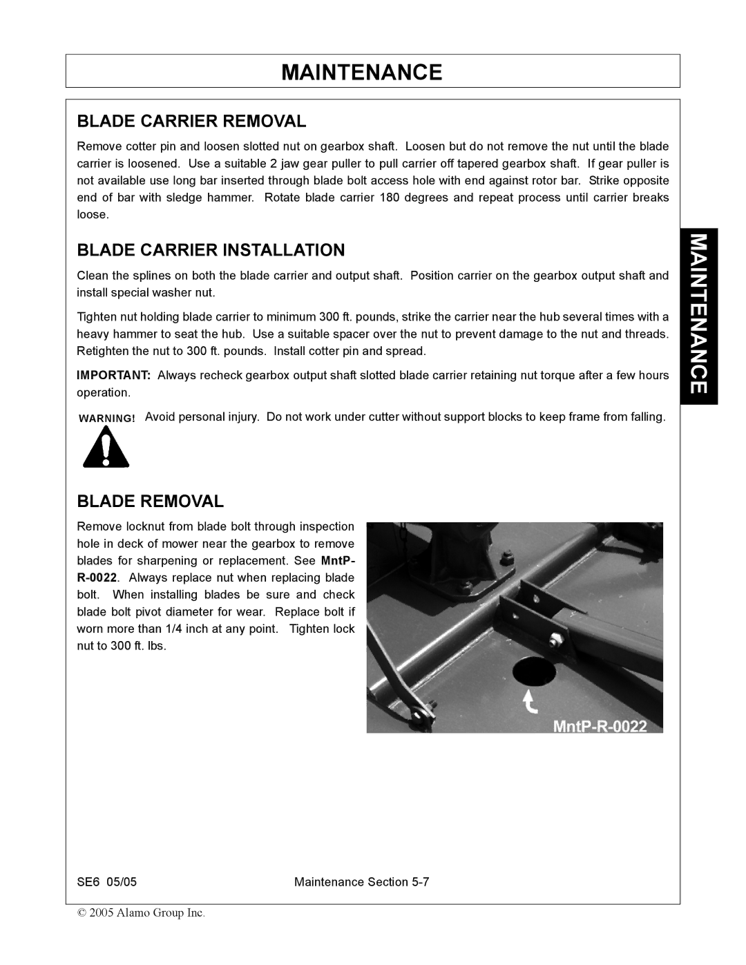 Blue Rhino FC-0007 manual Blade Carrier Removal, Blade Carrier Installation, Blade Removal 