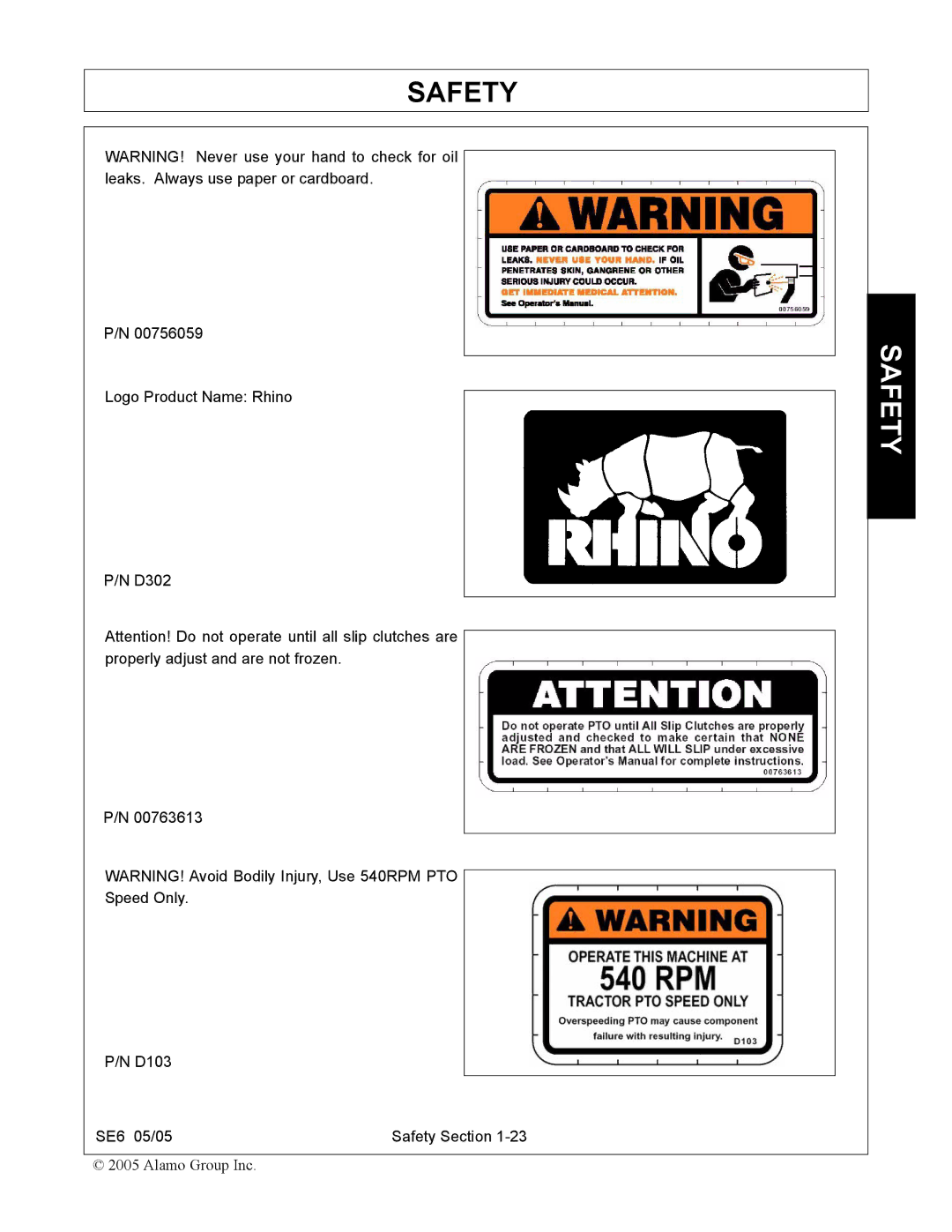 Blue Rhino FC-0007 manual Logo Product Name Rhino D302 D103 SE6 05/05 Safety Section 