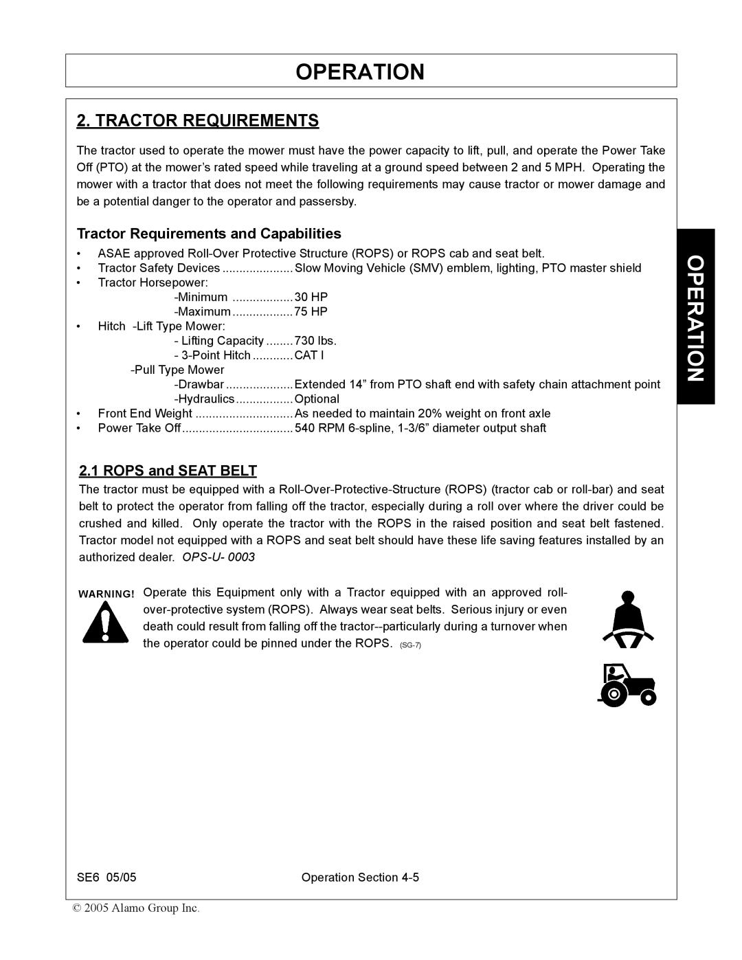 Blue Rhino FC-0007 manual Tractor Requirements and Capabilities, Rops and Seat Belt 