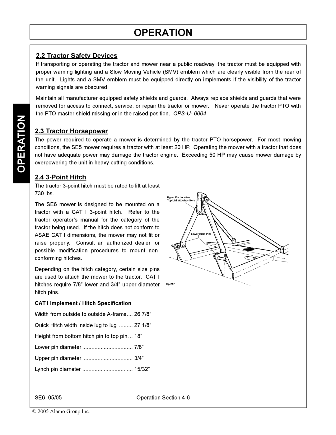 Blue Rhino FC-0007 manual Tractor Safety Devices, Tractor Horsepower, Point Hitch 