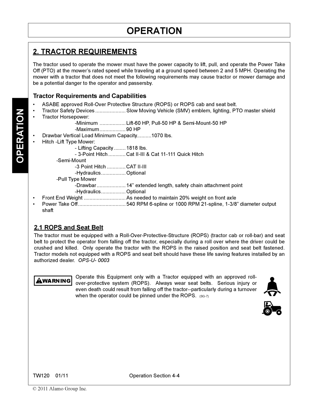 Blue Rhino FC-0024, FC-0025 manual Tractor Requirements and Capabilities, Rops and Seat Belt 