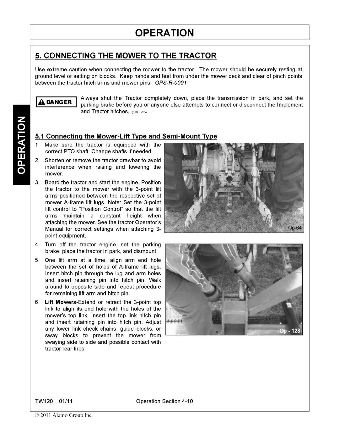 Blue Rhino FC-0024, FC-0025 manual Connecting the Mower to the Tractor, Connecting the Mower-Lift Type and Semi-Mount Type 