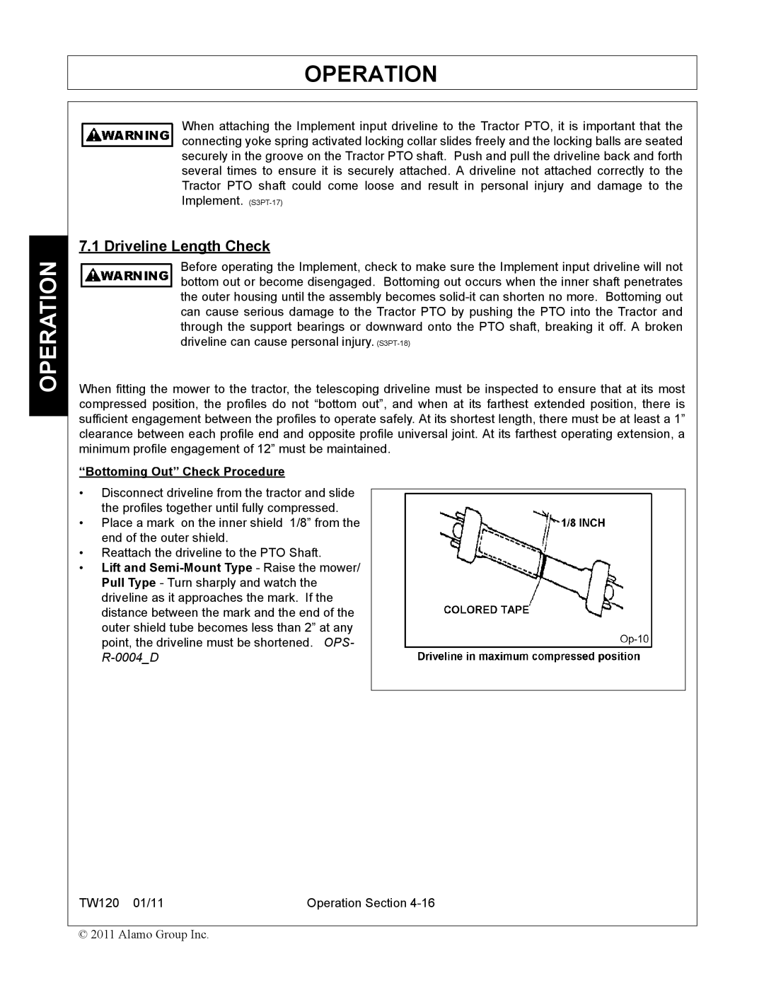 Blue Rhino FC-0024, FC-0025 manual Driveline Length Check, Bottoming Out Check Procedure 