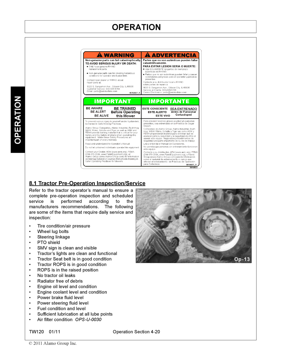 Blue Rhino FC-0024, FC-0025 manual Tractor Pre-Operation Inspection/Service 