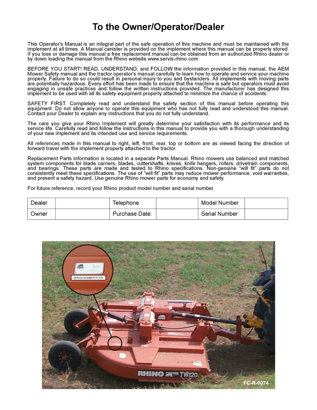 Blue Rhino FC-0024, FC-0025 manual To the Owner/Operator/Dealer 