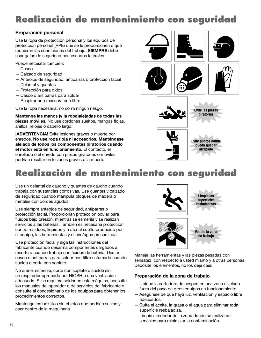 Blue Rhino FC-0024, FC-0025 manual Preparación personal, Preparación de la zona de trabajo 