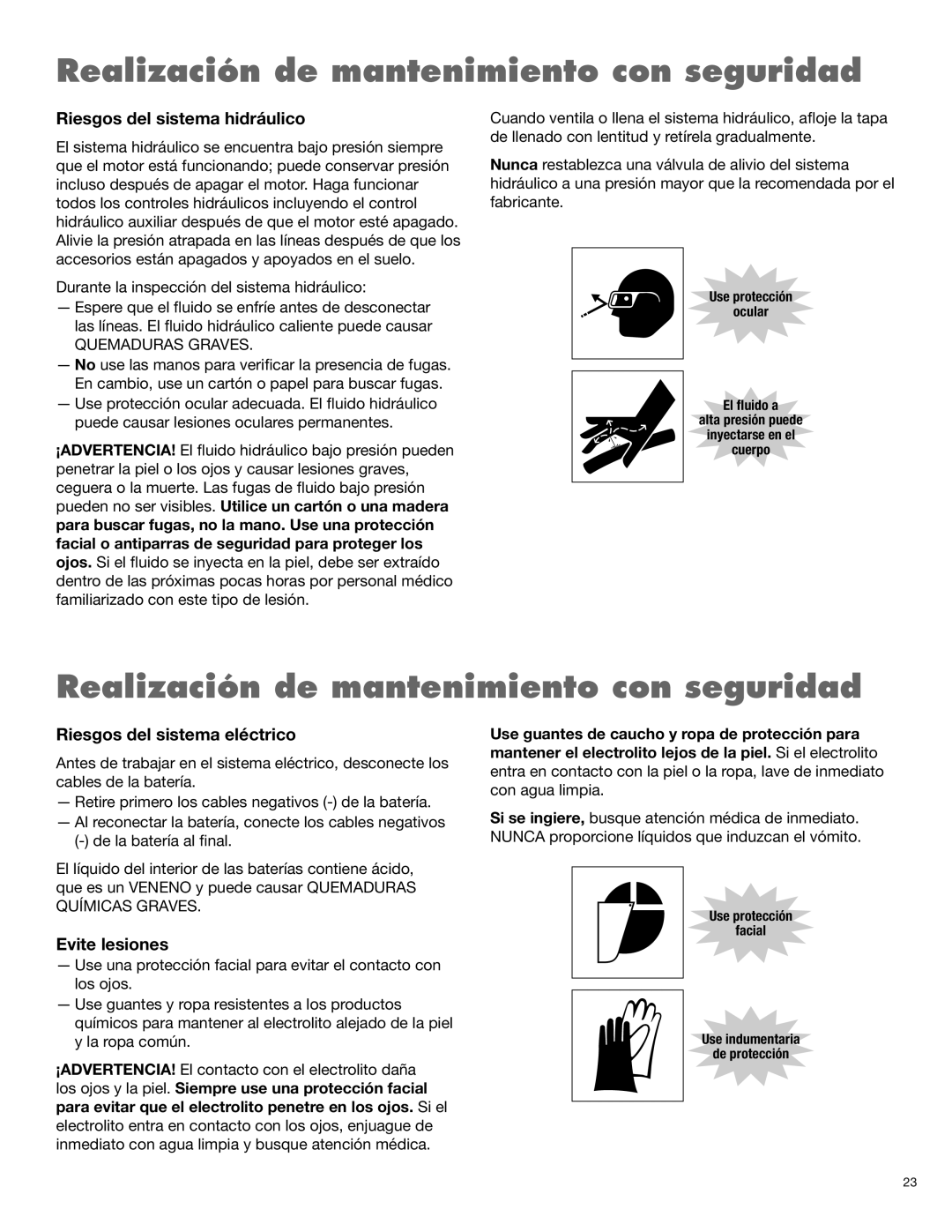 Blue Rhino FC-0025, FC-0024 manual Riesgos del sistema hidráulico, Riesgos del sistema eléctrico, Evite lesiones 