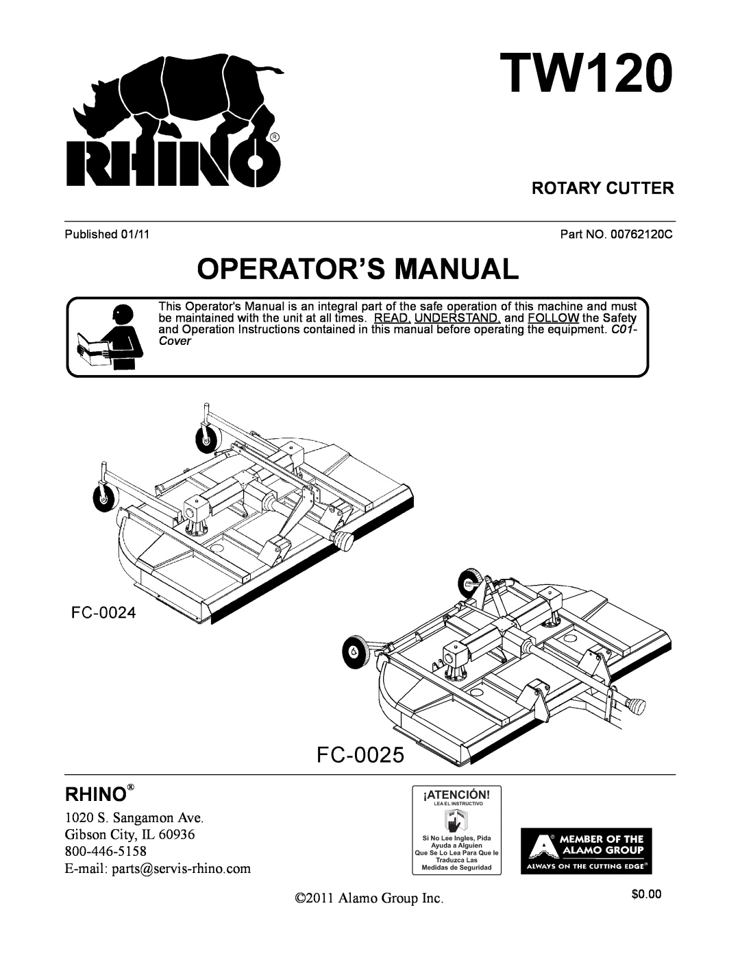 Blue Rhino FC-0025, FC-0024 manual TW120, Rhino, Rotary Cutter, Operator’S Manual 