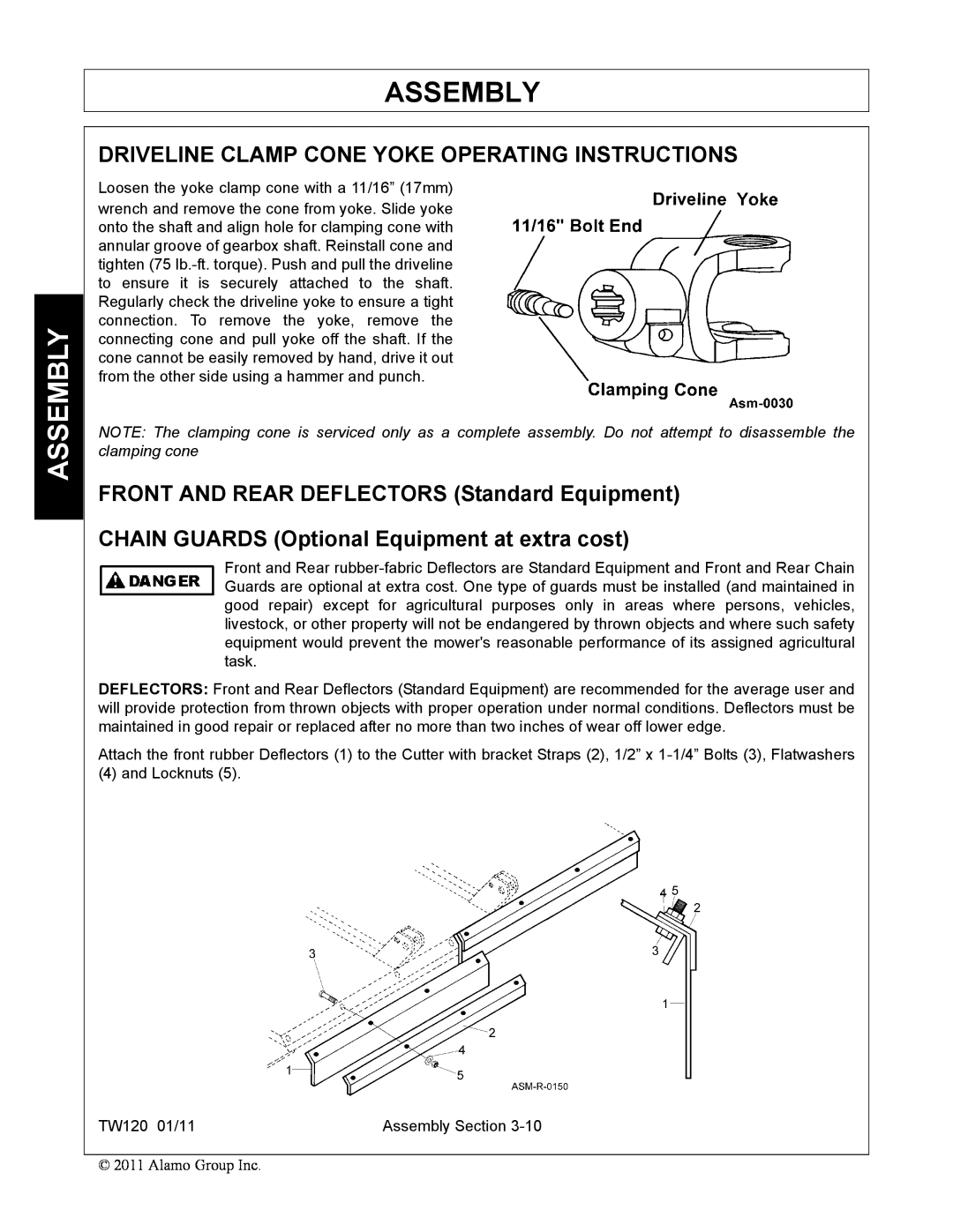Blue Rhino FC-0024, FC-0025 Driveline Clamp Cone Yoke Operating Instructions, FRONT AND REAR DEFLECTORS Standard Equipment 