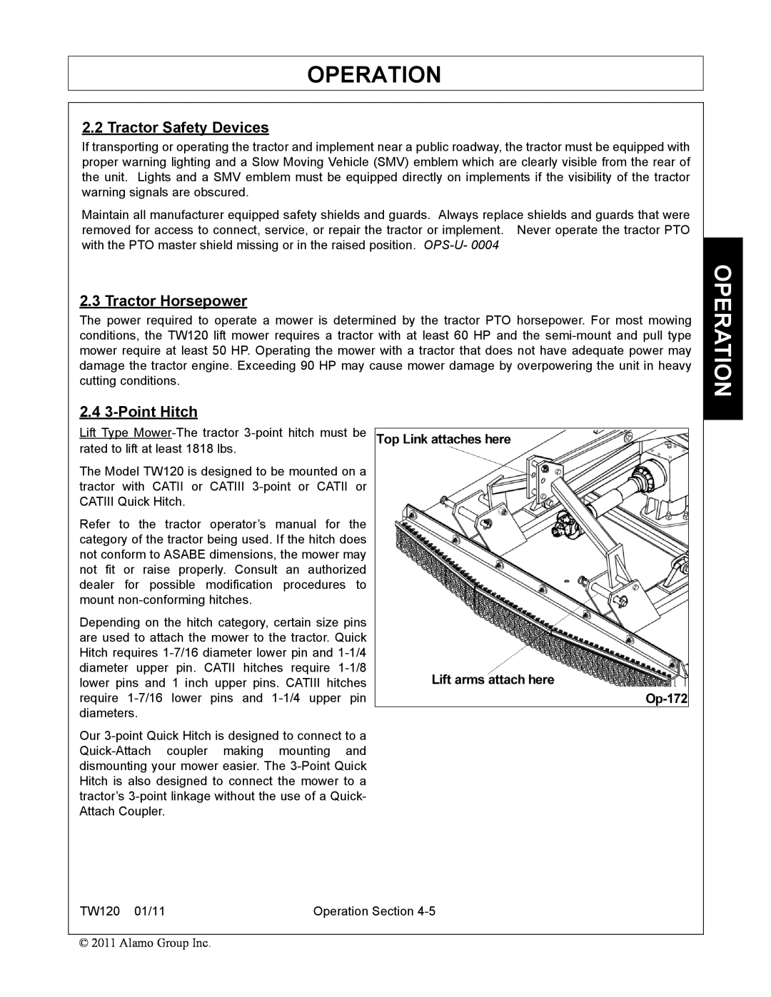 Blue Rhino FC-0025, FC-0024 manual Operation, Tractor Safety Devices, Tractor Horsepower, 2.4 3-PointHitch 