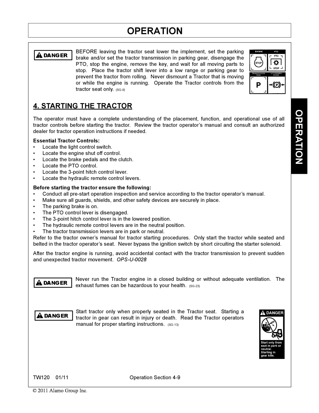 Blue Rhino FC-0025, FC-0024 manual Starting The Tractor, Operation, Essential Tractor Controls 