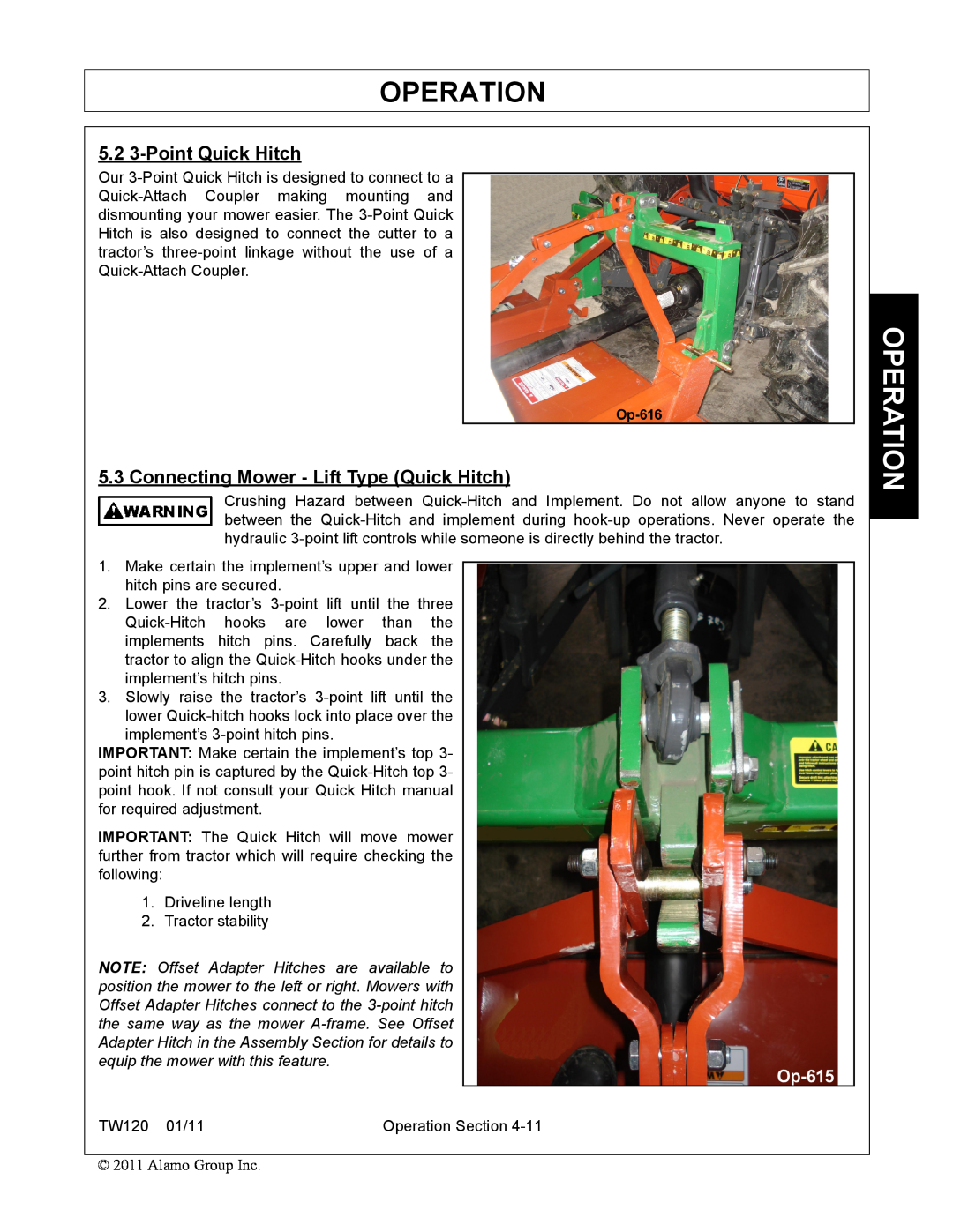Blue Rhino FC-0025, FC-0024 manual Operation, 5.2 3-PointQuick Hitch, Connecting Mower - Lift Type Quick Hitch 