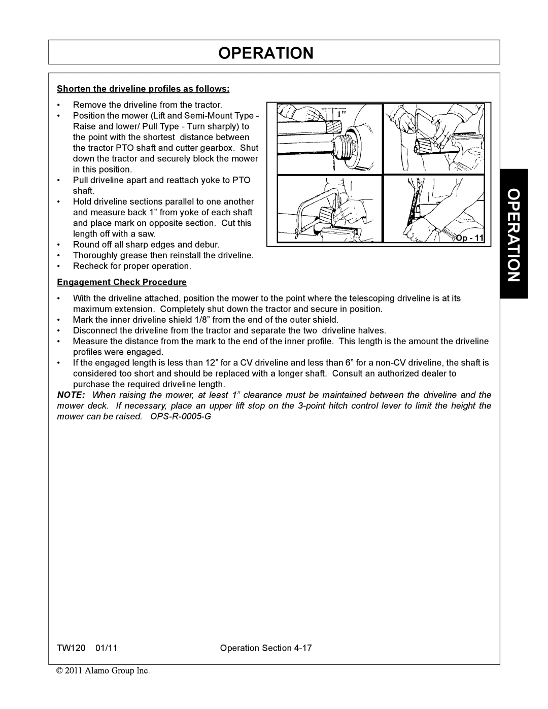 Blue Rhino FC-0025, FC-0024 manual Operation, Shorten the driveline profiles as follows, Engagement Check Procedure 