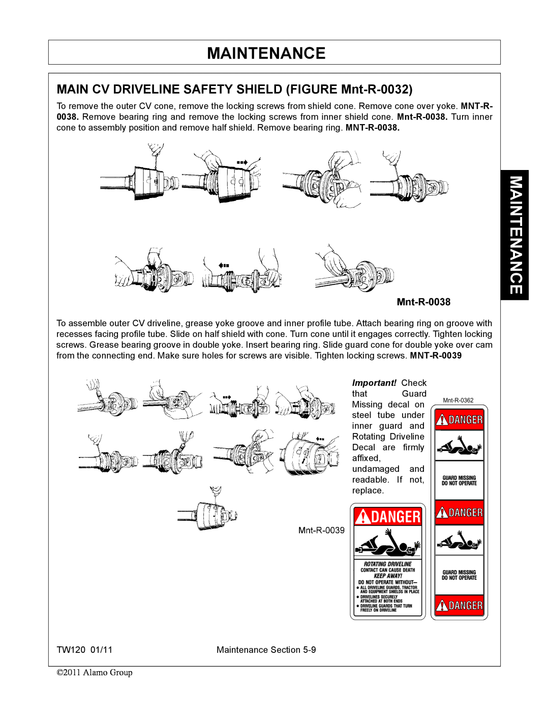 Blue Rhino FC-0025, FC-0024 manual MAIN CV DRIVELINE SAFETY SHIELD FIGURE Mnt-R-0032, Maintenance, Important! Check 