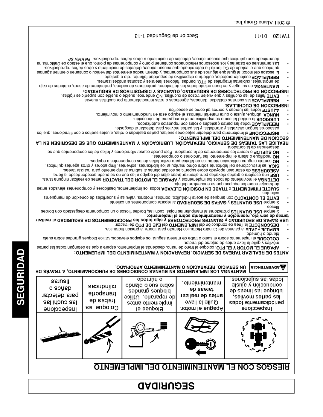 Blue Rhino FC-0024, FC-0025 manual Implemento Del Mantenimiento El Con Riesgos, 13-1Seguridad de Sección, 01/11 TW120 