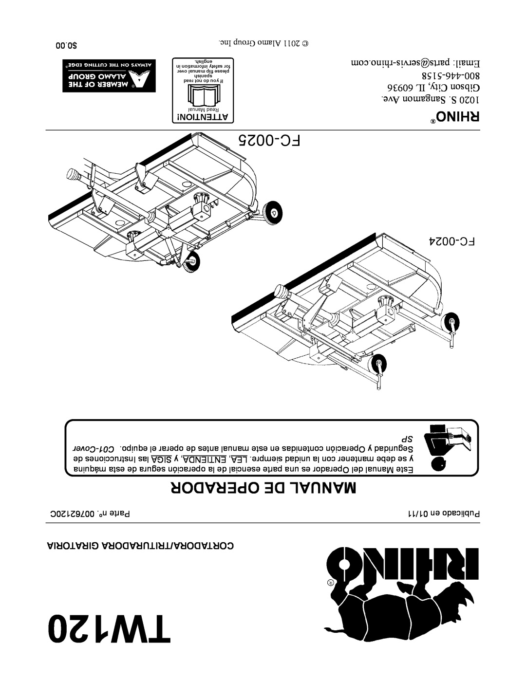 Blue Rhino FC-0024, FC-0025 manual TW120, Operador De Manual, Rhino, Giratoria Cortadora/Trituradora 