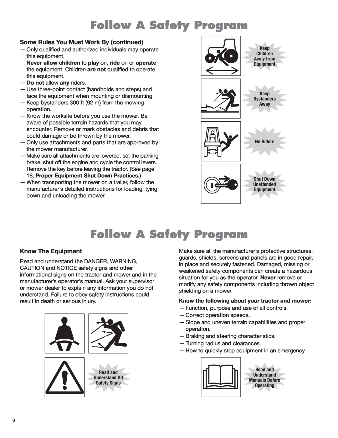 Blue Rhino FC-0024, FC-0025 manual Follow A Safety Program, Some Rules You Must Work By continued, Know The Equipment 