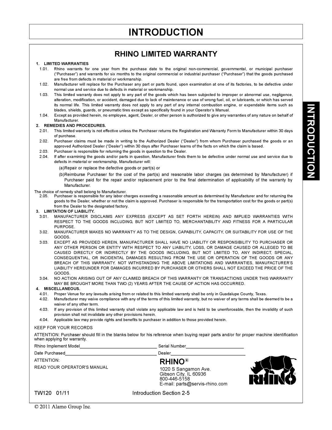 Blue Rhino FC-0025, FC-0024 manual Rhino Limited Warranty, Introduction, S Sangamon Ave, Gibson City, IL 
