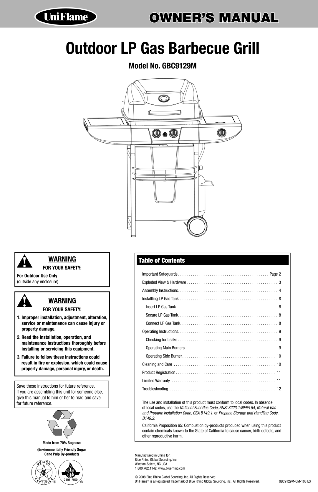 Blue Rhino GBC9129M owner manual Outdoor LP Gas Barbecue Grill, Table of Contents 