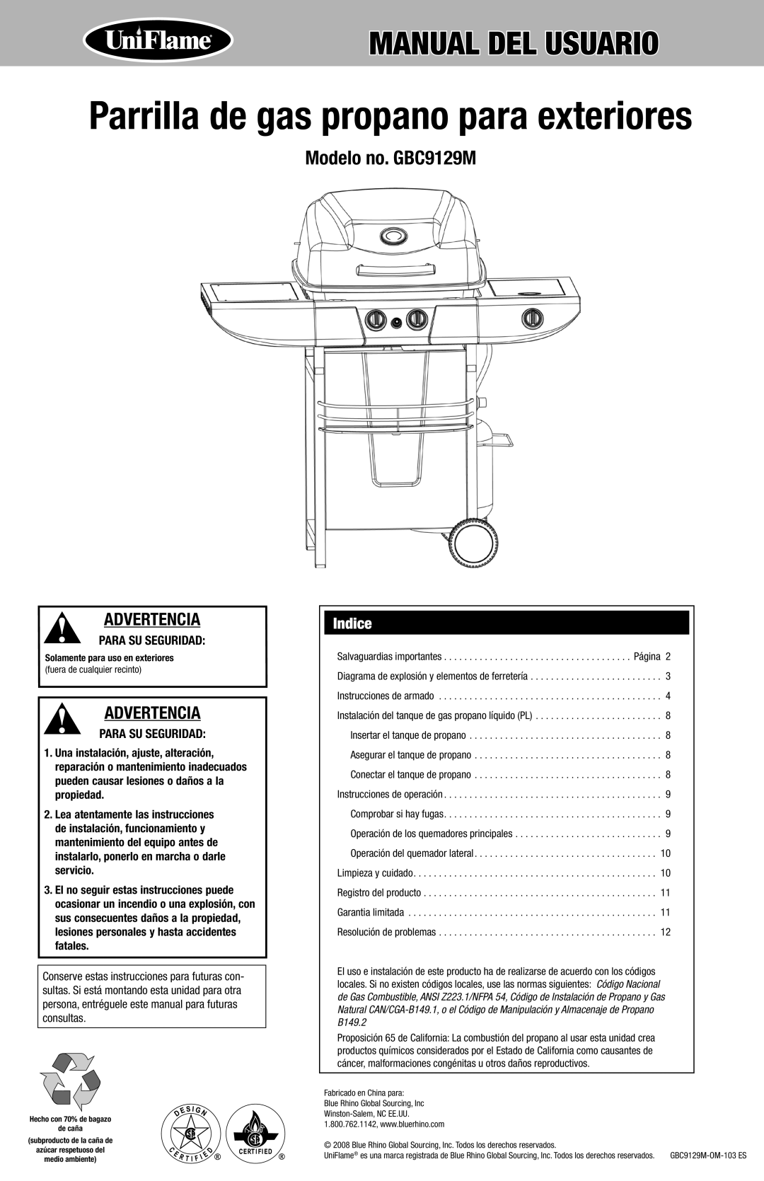 Blue Rhino GBC9129M owner manual Indice, Solamente para uso en exteriores, Fuera de cualquier recinto 