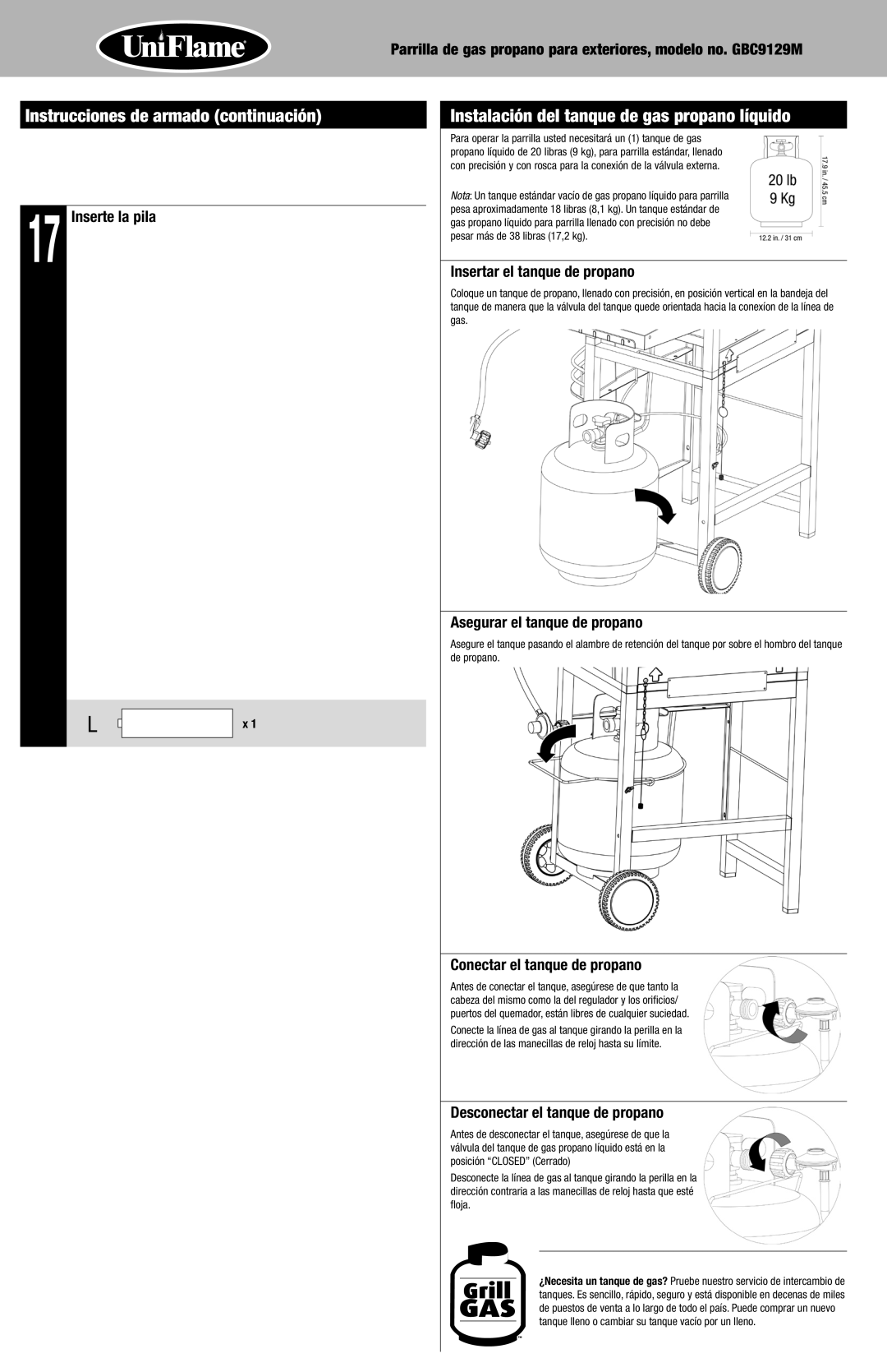 Blue Rhino GBC9129M owner manual Instalación del tanque de gas propano líquido 