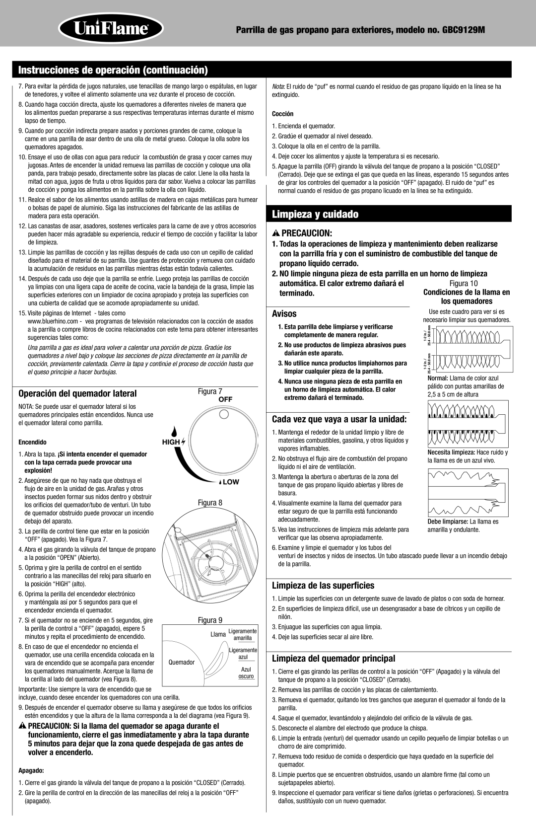 Blue Rhino GBC9129M owner manual Instrucciones de operación continuación, Limpieza y cuidado 