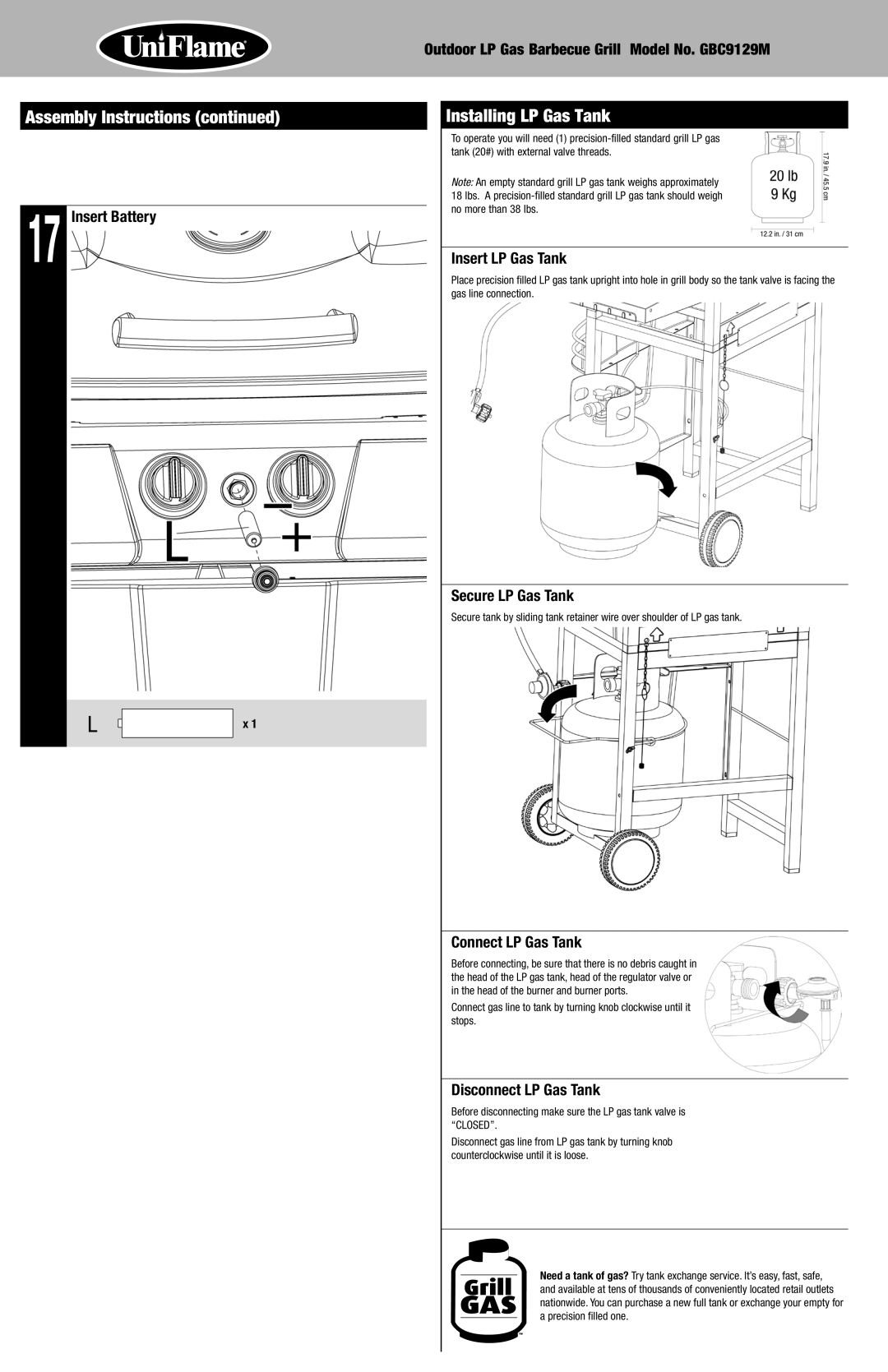 Blue Rhino GBC9129M owner manual Installing LP Gas Tank, Insert LP Gas Tank, Secure LP Gas Tank, Connect LP Gas Tank 