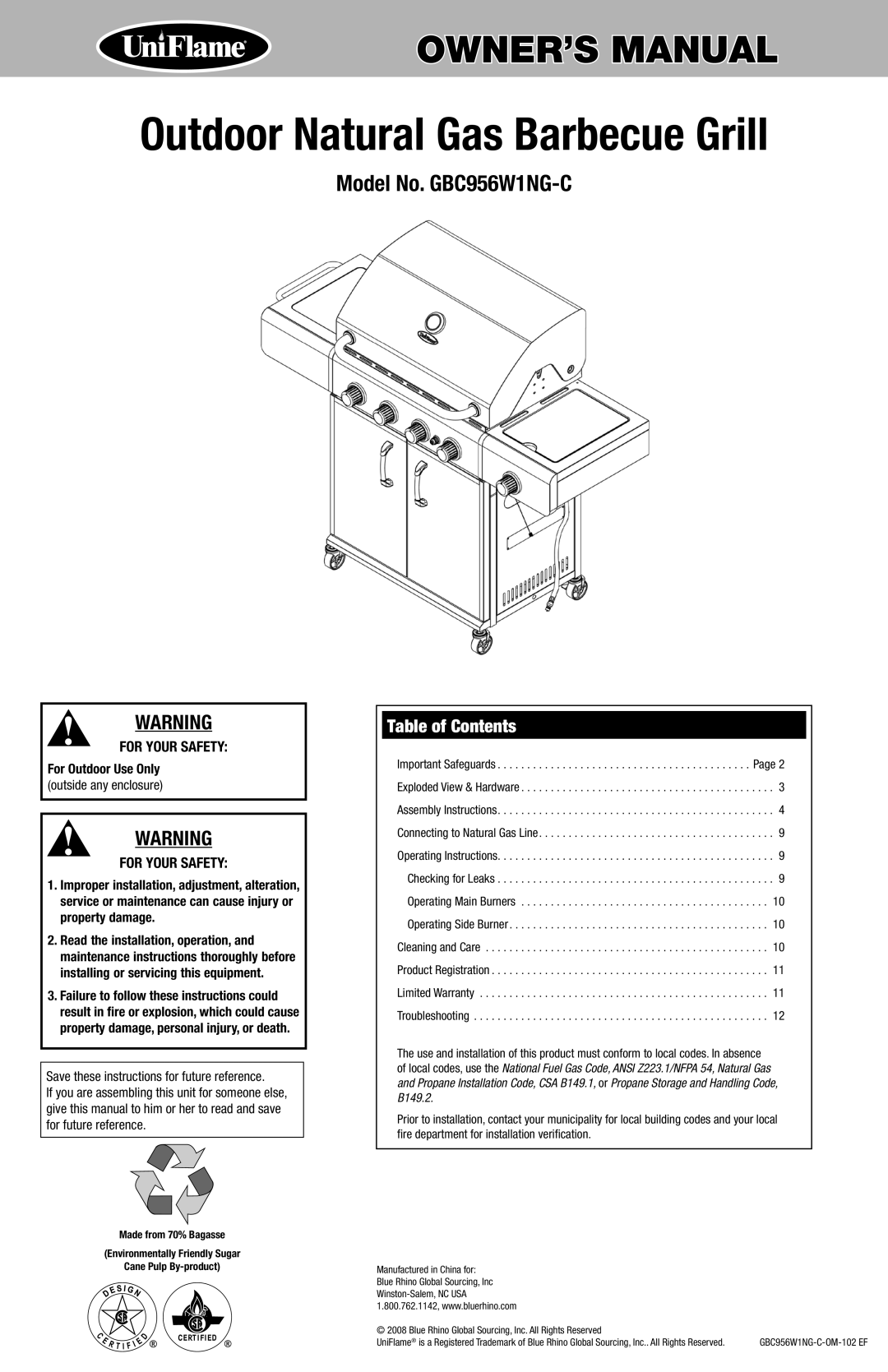 Blue Rhino GBC956W1NG-C owner manual Outdoor Natural Gas Barbecue Grill, Table of Contents 