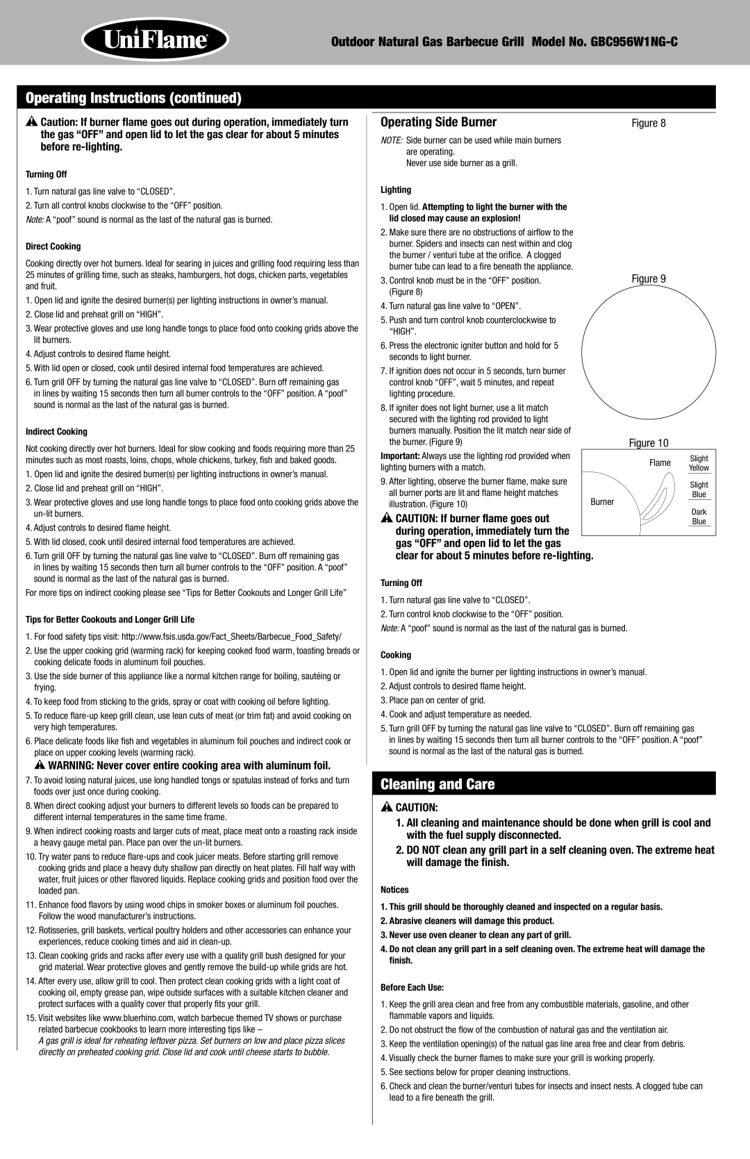 Blue Rhino GBC956W1NG-C owner manual Cleaning and Care, Operating Side Burner, Clear for about 5 minutes before re-lighting 