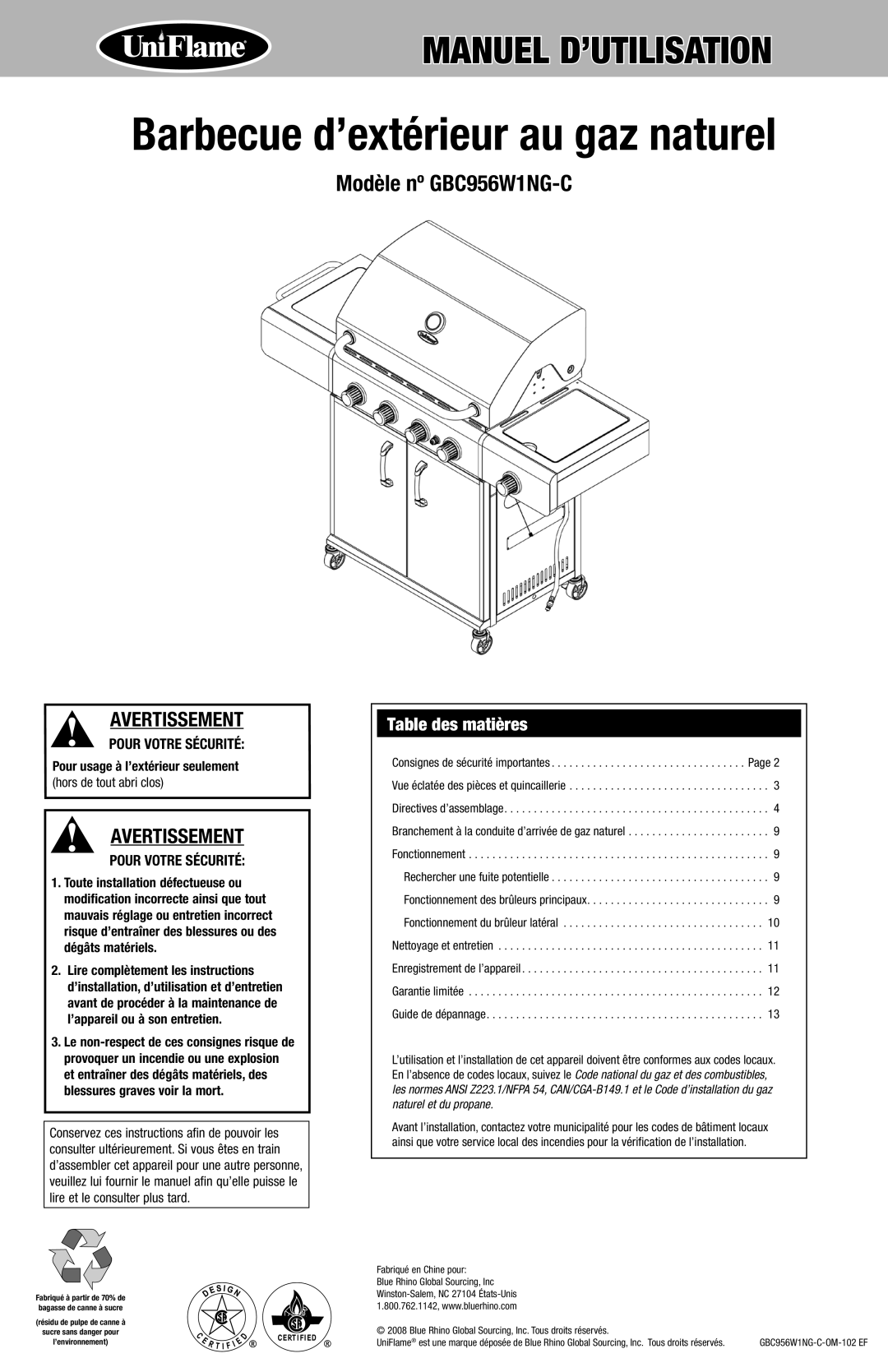 Blue Rhino GBC956W1NG-C owner manual Table des matières, Pour usage à l’extérieur seulement 