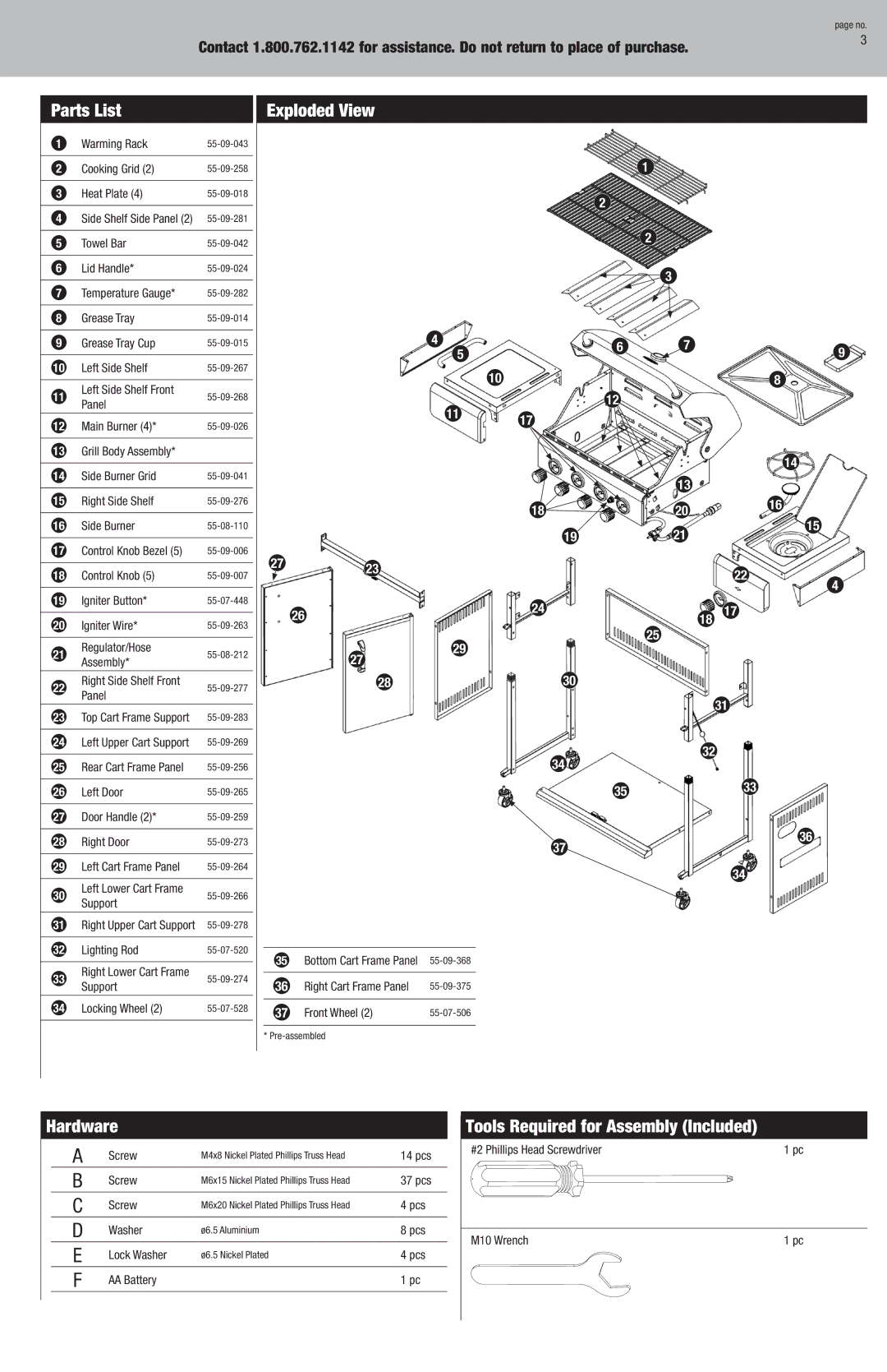 Blue Rhino GBC956W1NG-C owner manual Parts List, Exploded View, Hardware, Tools Required for Assembly Included 