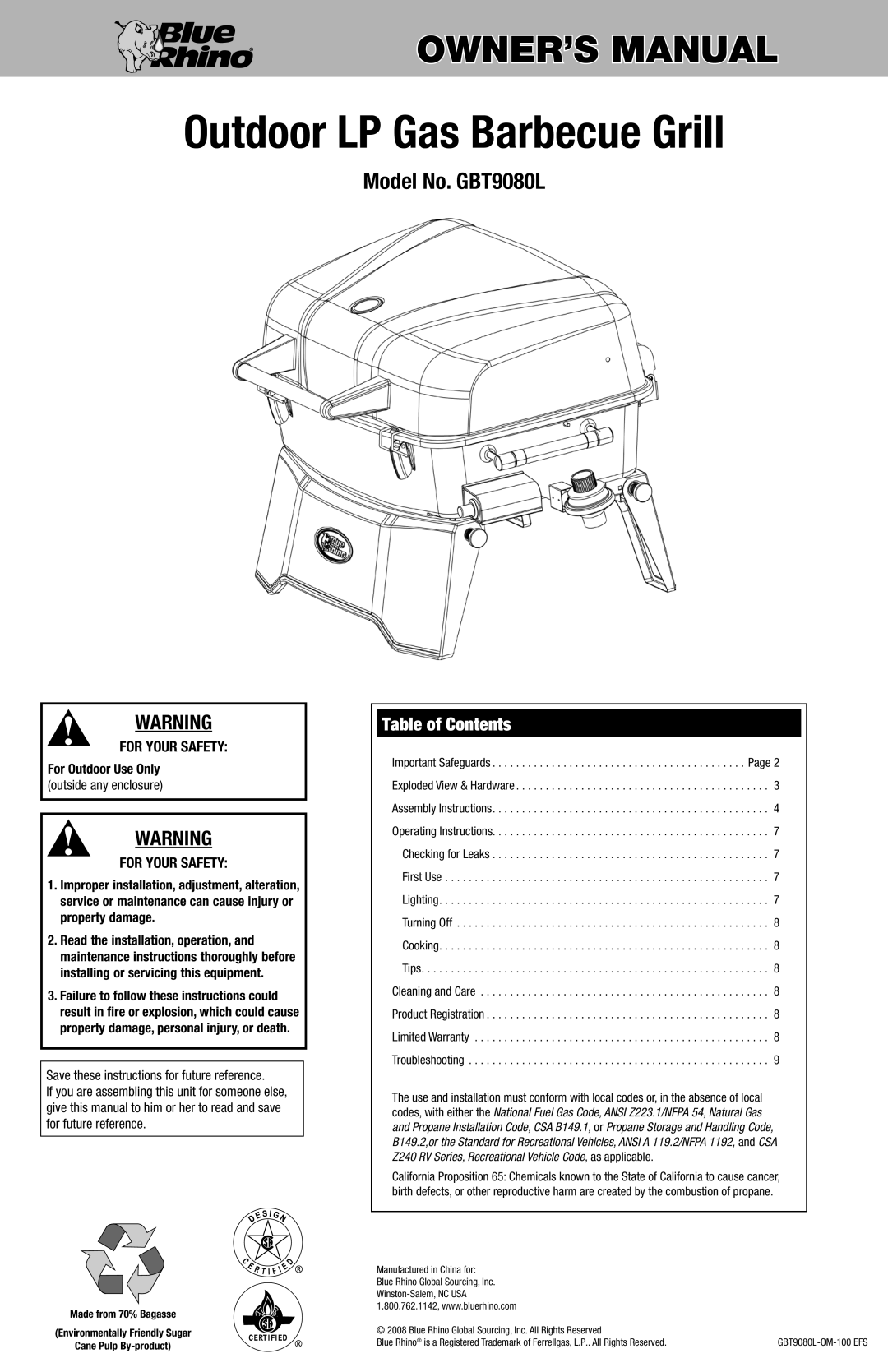 Blue Rhino GBT9080L owner manual Outdoor LP Gas Barbecue Grill, Table of Contents 