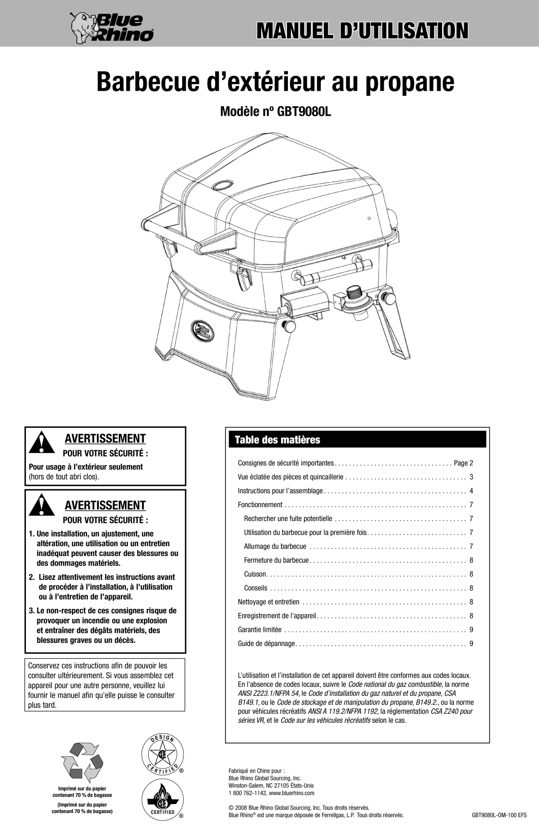 Blue Rhino GBT9080L owner manual Barbecue d’extérieur au propane, Table des matières 