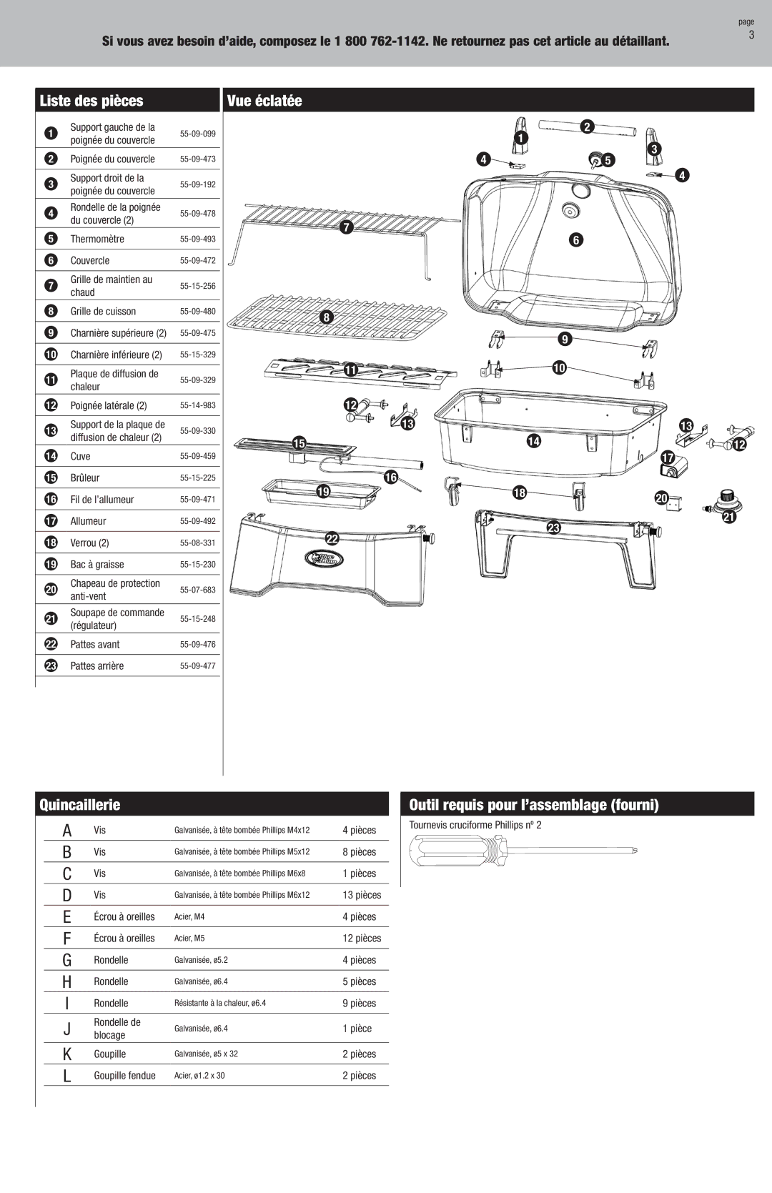 Blue Rhino GBT9080L owner manual Liste des pièces, Vue éclatée, Quincaillerie, Outil requis pour l’assemblage fourni 