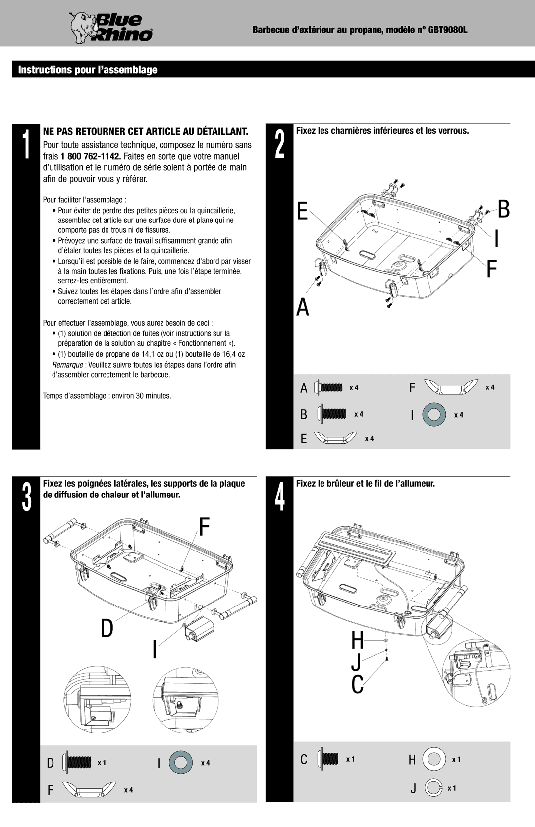 Blue Rhino GBT9080L owner manual Instructions pour l’assemblage, De diffusion de chaleur et l’allumeur 