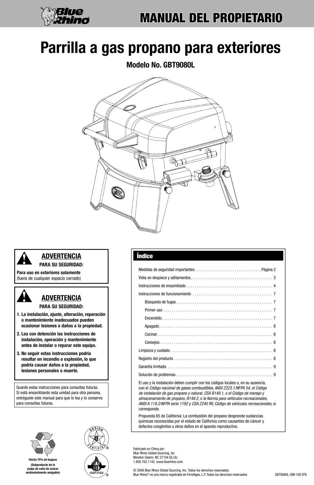 Blue Rhino GBT9080L owner manual Parrilla a gas propano para exteriores, Índice 