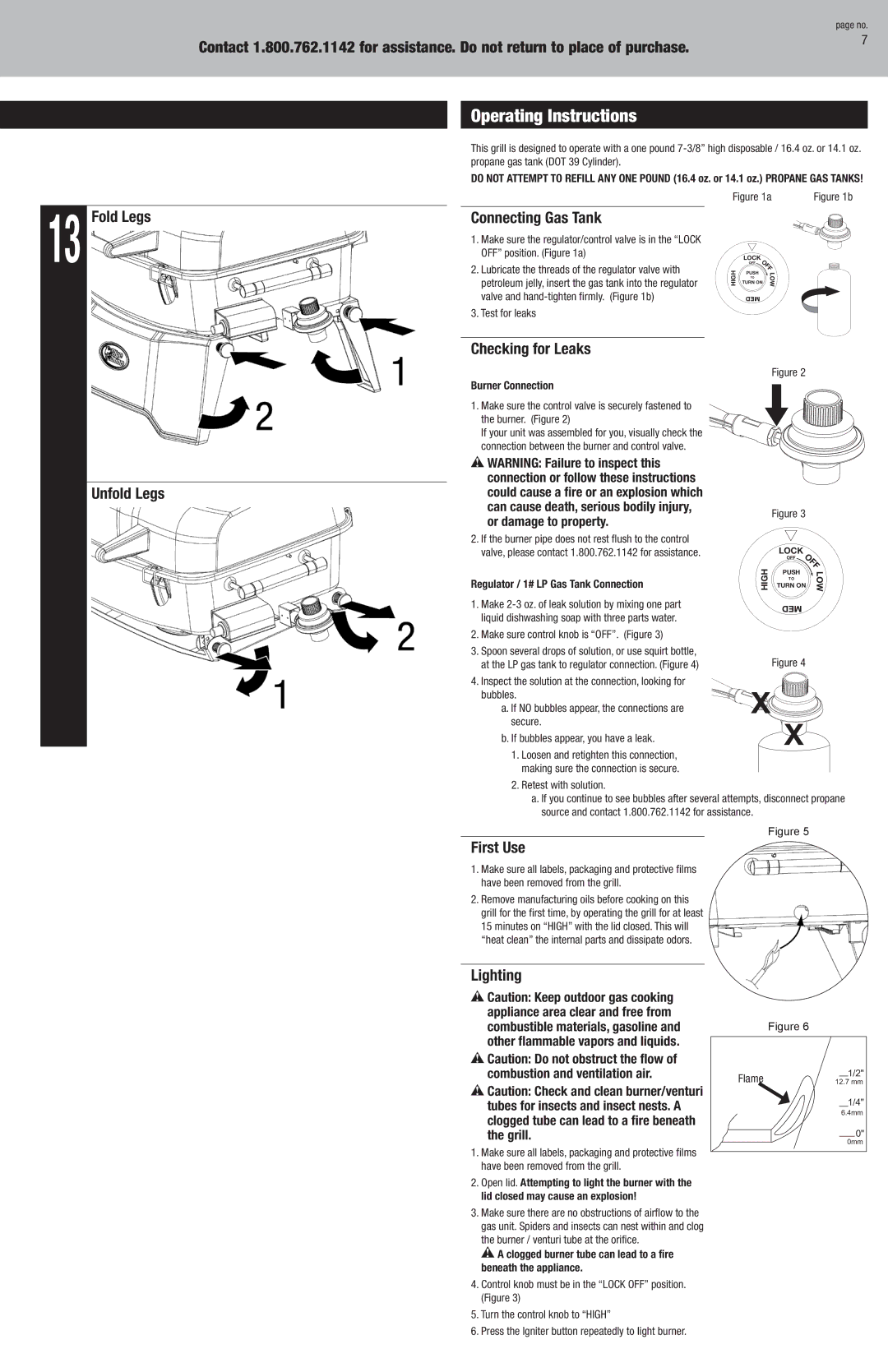 Blue Rhino GBT9080L Operating Instructions, Connecting Gas Tank, Unfold Legs Checking for Leaks, First Use, Lighting 