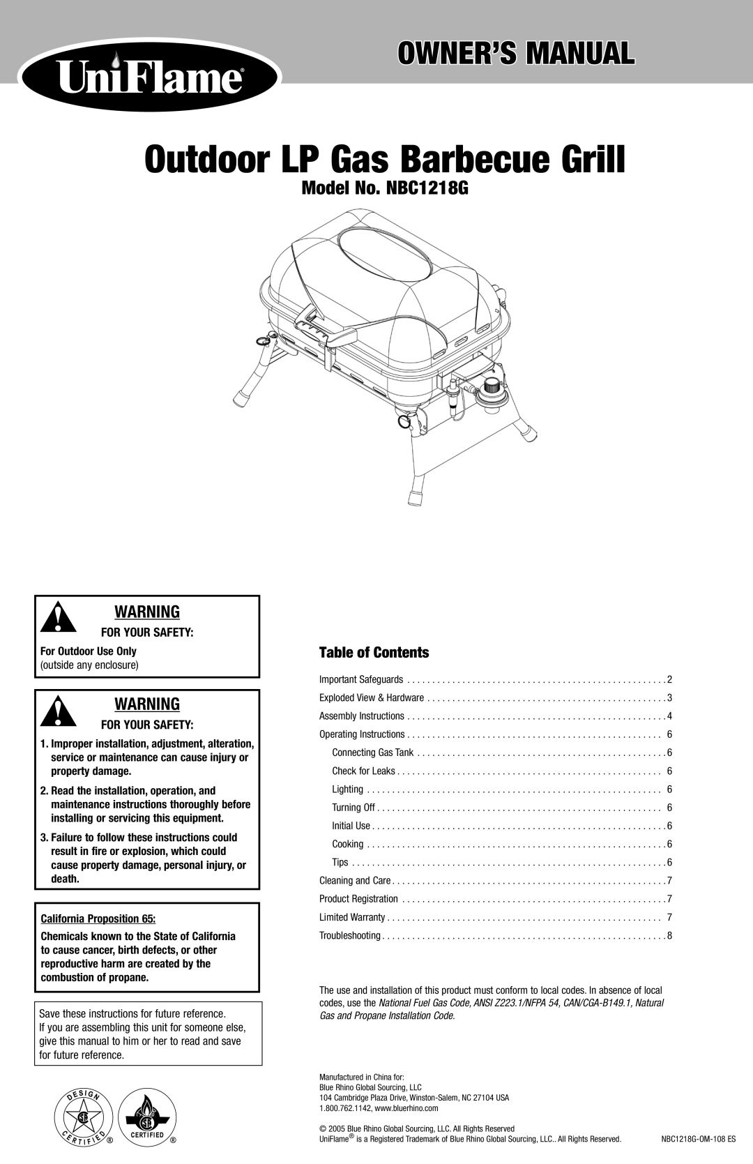 Blue Rhino NBC1218G owner manual Outdoor LP Gas Barbecue Grill, Table of Contents 