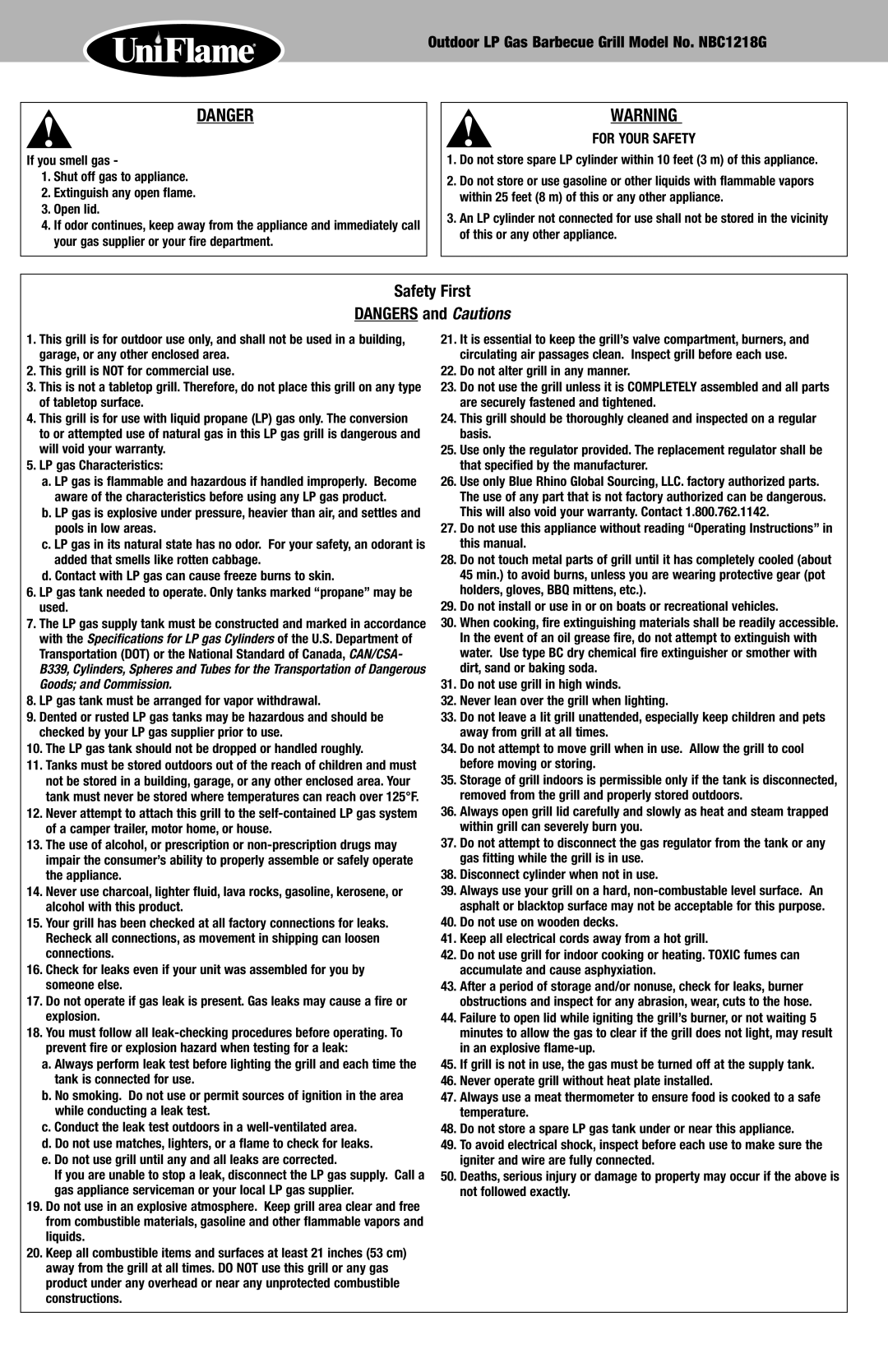 Blue Rhino NBC1218G owner manual Safety First, LP gas tank must be arranged for vapor withdrawal 