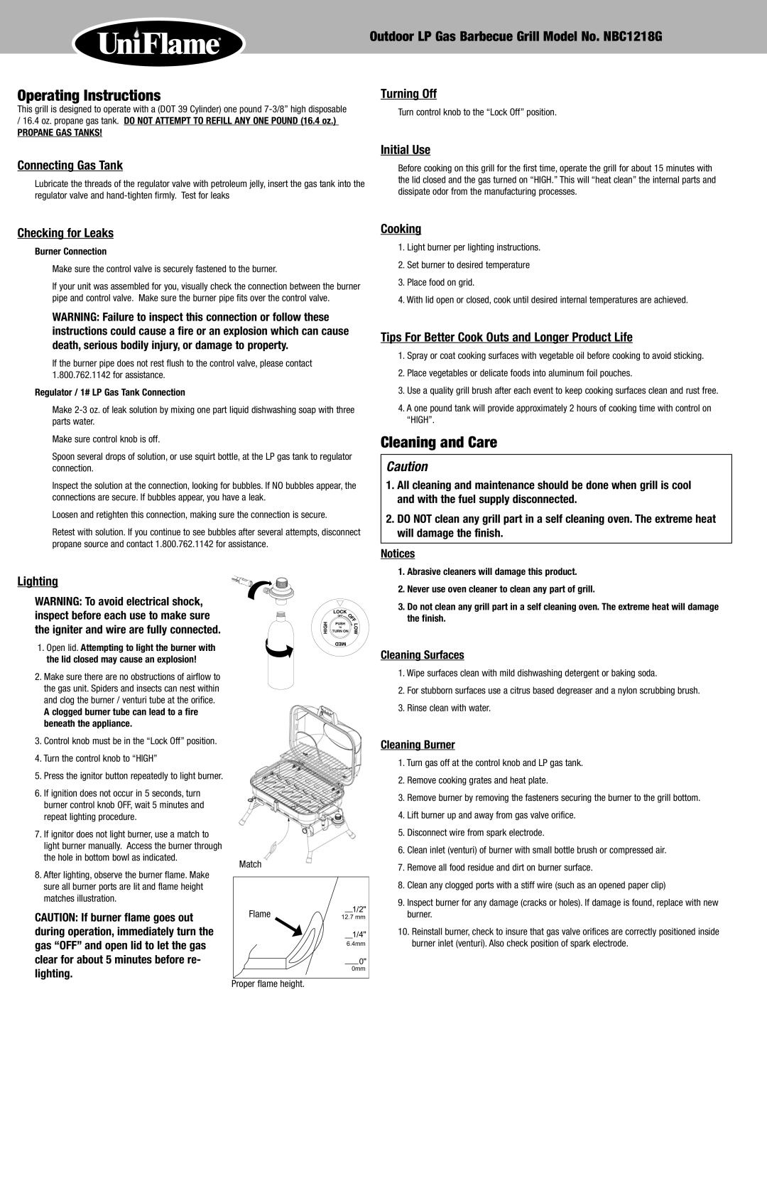 Blue Rhino NBC1218G owner manual Operating Instructions, Cleaning and Care, Cleaning Surfaces, Cleaning Burner 