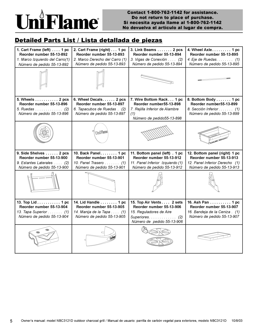 Blue Rhino NBC3121D owner manual Detailed Parts List / Lista detallada de piezas, Contact 1-800-762-1142 for assistance 