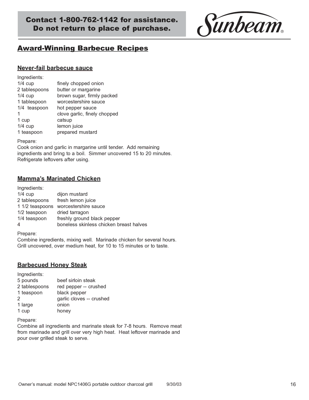 Blue Rhino NPC1406G owner manual Award-Winning Barbecue Recipes, Never-fail barbecue sauce, Mamma’s Marinated Chicken 